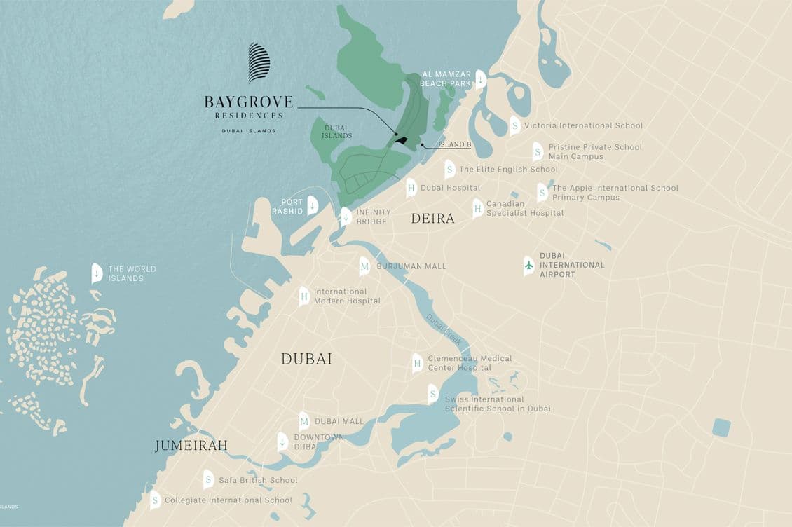 Karte von Dubai mit Hervorhebung der Baygrove Residences, des Al Mamzar Beach Park und wichtiger Orte wie dem Dubai International Airport und der Dubai Mall.