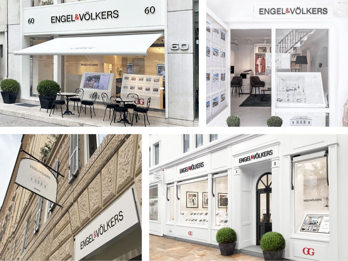 Collage of Engel & Völkers real estate offices, featuring modern storefronts with large windows and signage in urban settings.