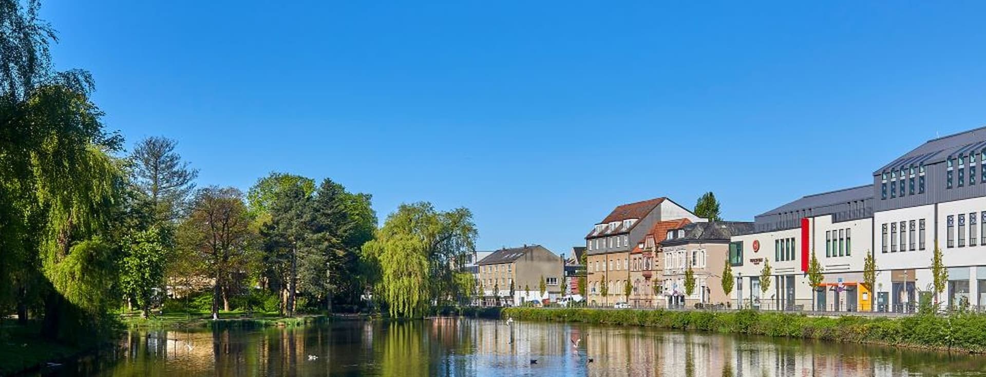 A serene riverside scene with modern buildings, trees, and a clear blue sky. A seagull flies above the calm water reflecting the surroundings.