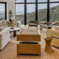 Luxurious living room with a curved sofa, modern chairs, fireplace, large windows overlooking mountains, and a round rug on wooden flooring.