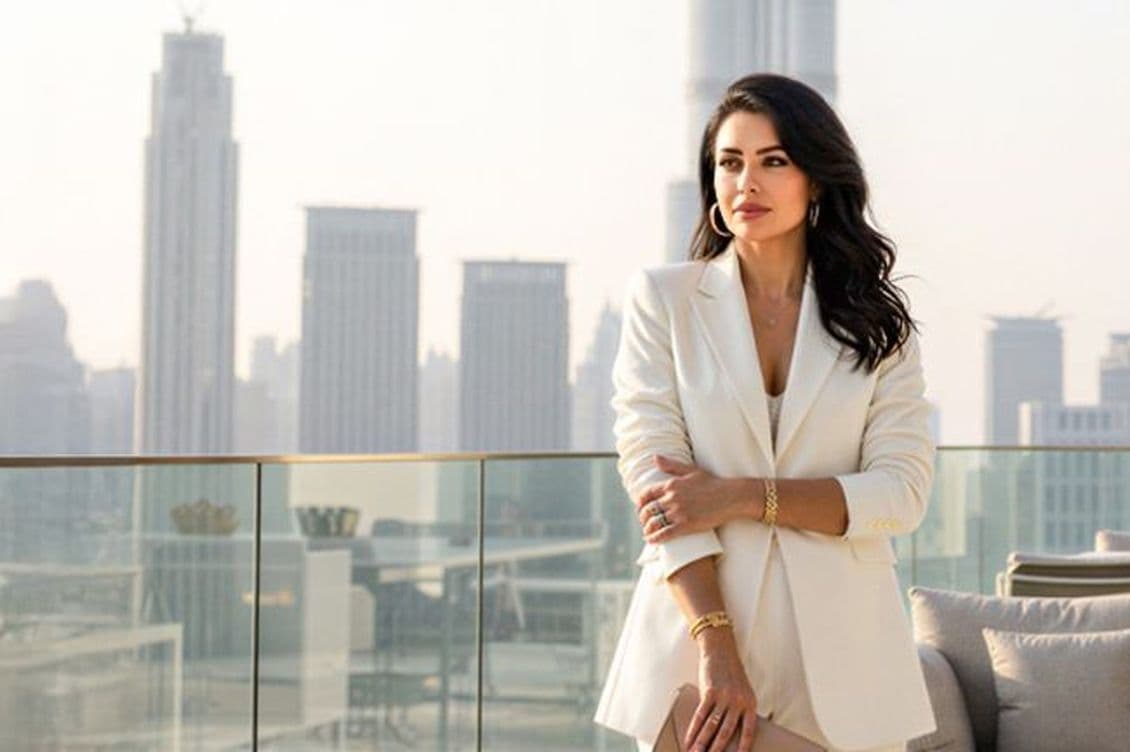 A woman, working as a real estate agent, in a white blazer stands on a rooftop terrace with a city skyline in the background on a clear day.
