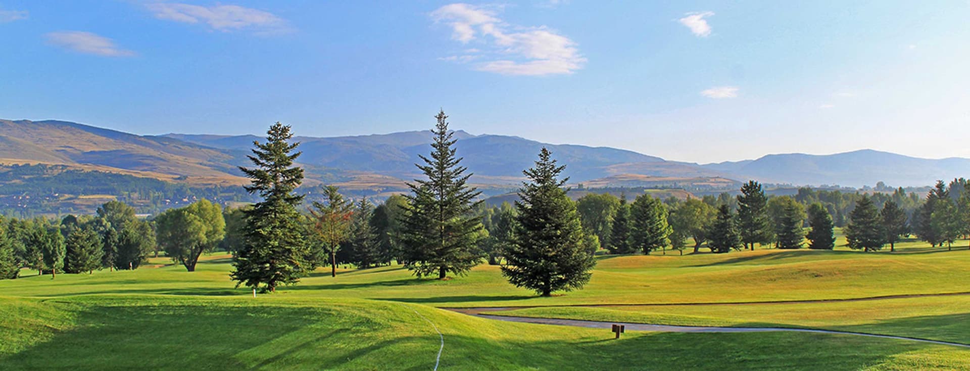 Camp de golf amb gespa verda envoltat de pins i muntanyes.