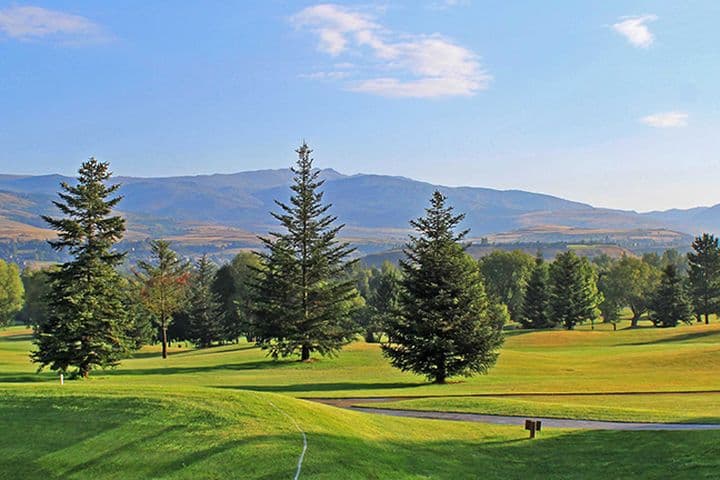 Camp de golf amb gespa verda envoltat de pins i muntanyes.