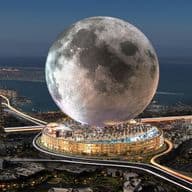 Incredible Dubai Moon Project render standing prominently at the entrance to Palm Jumeirah