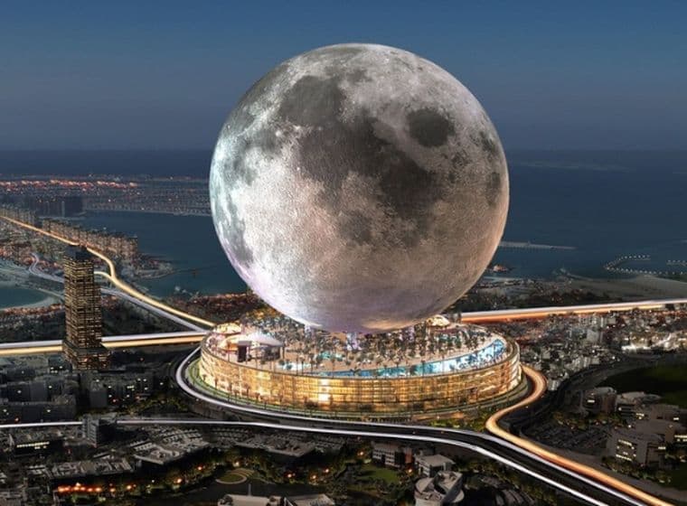 Incredible Dubai Moon Project render standing prominently at the entrance to Palm Jumeirah