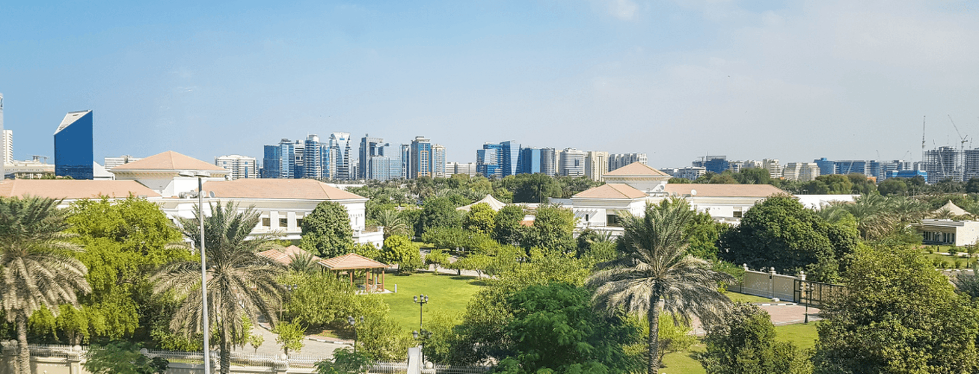 A lush Dubai park with palm trees and green lawns, set against a backdrop of modern city skyscrapers under a clear blue sky.