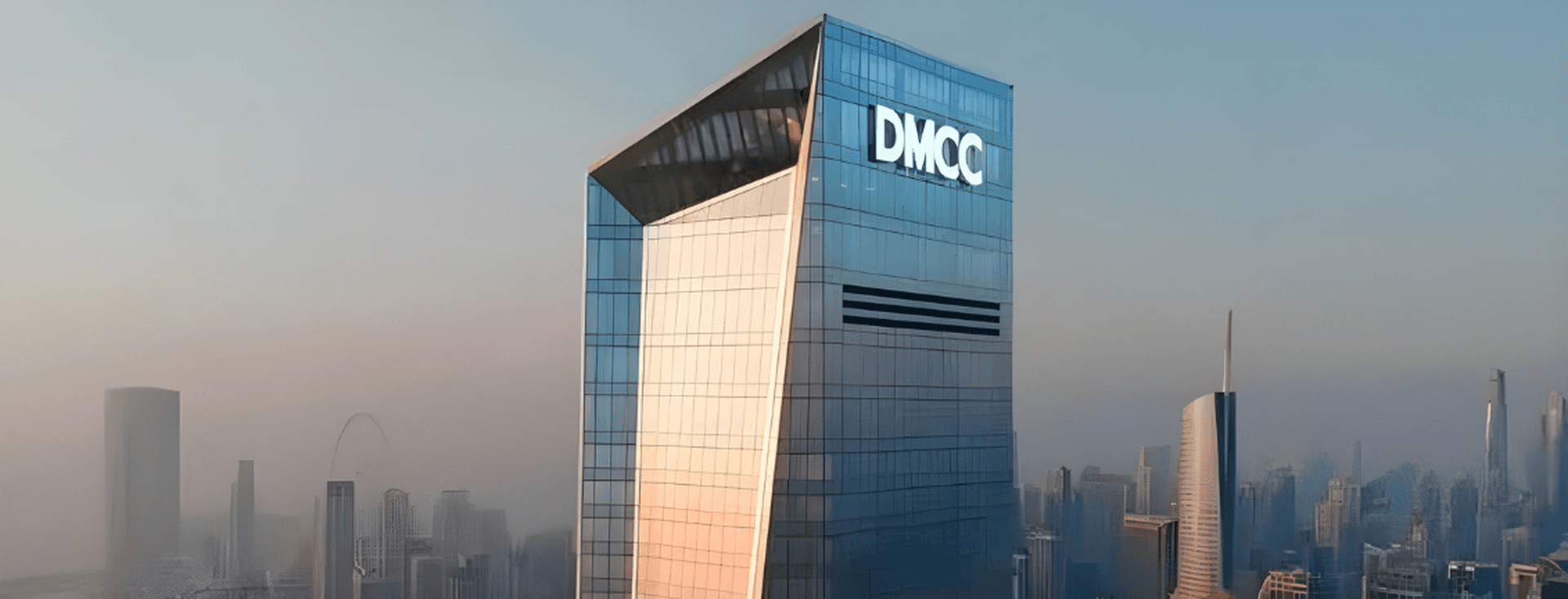 A tall, modern skyscraper with "DMCC" on top, set against a hazy city skyline at dusk.