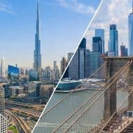 Split image of skylines: Dubai's Burj Khalifa with modern skyscrapers on the left, New York City's Brooklyn Bridge and skyline on the right.