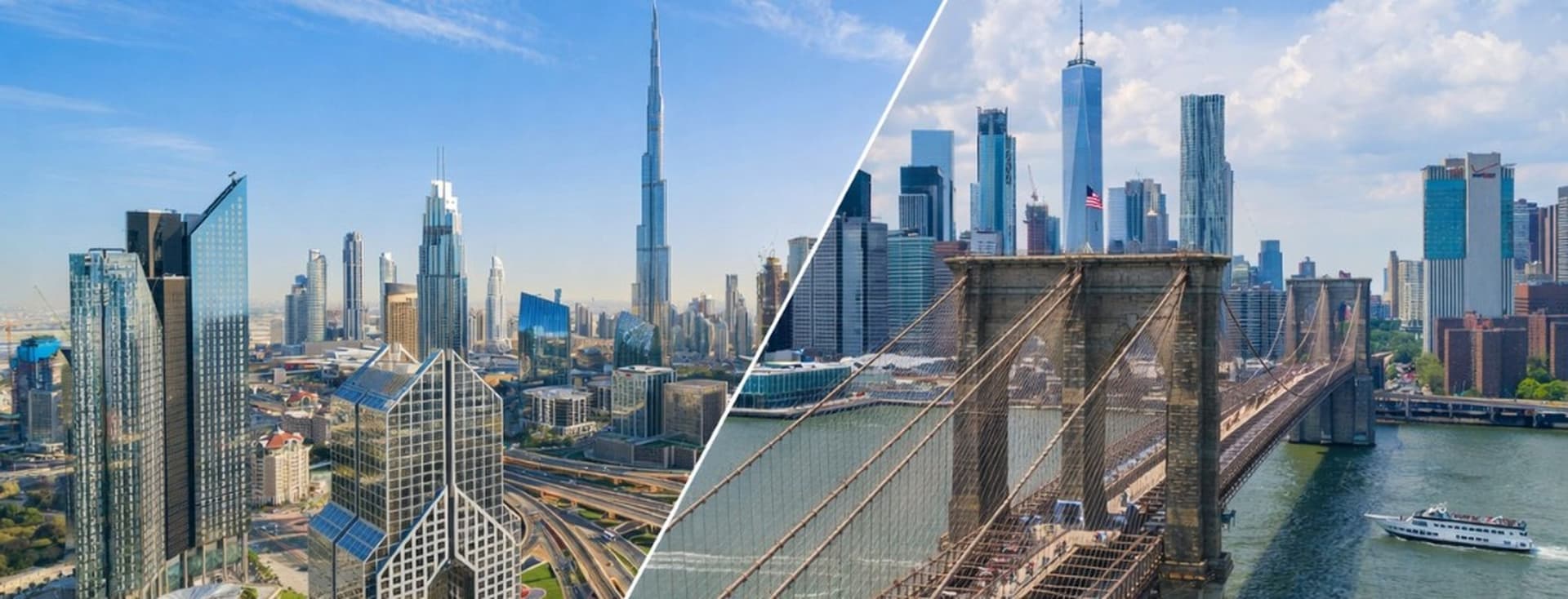 Split image of skylines: Dubai's Burj Khalifa with modern skyscrapers on the left, New York City's Brooklyn Bridge and skyline on the right.
