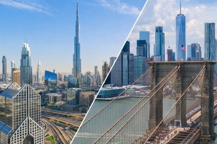 Split image of skylines: Dubai's Burj Khalifa with modern skyscrapers on the left, New York City's Brooklyn Bridge and skyline on the right.