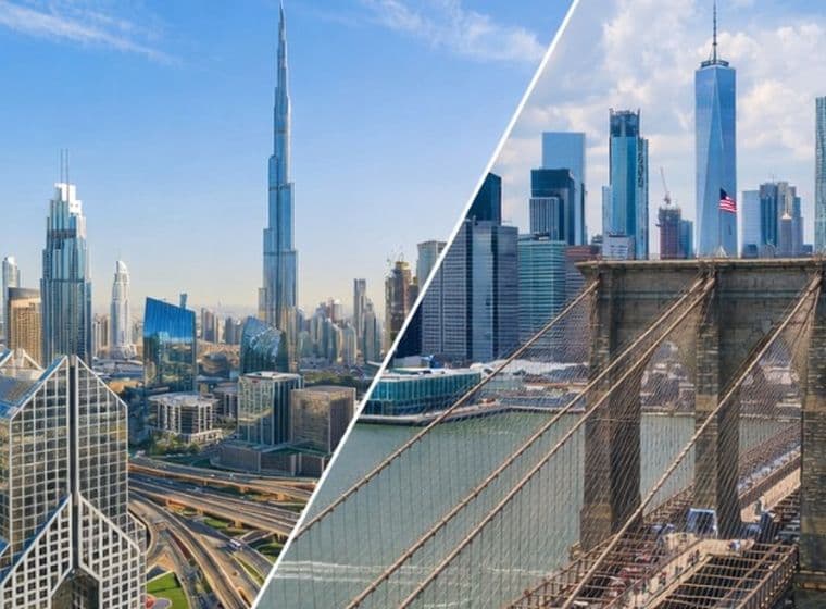 Split image of skylines: Dubai's Burj Khalifa with modern skyscrapers on the left, New York City's Brooklyn Bridge and skyline on the right.