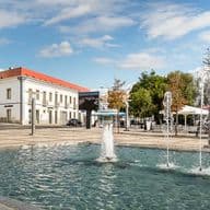 Ein öffentlicher Platz mit einem Brunnen, umgeben von historischen Gebäuden, Bäumen und einem klaren blauen Himmel im Hintergrund.