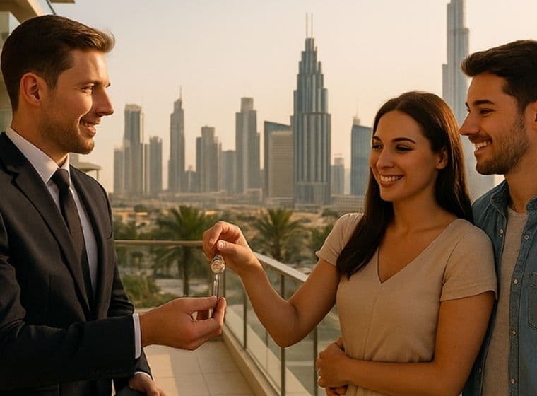 Ein Paar erhält die Schlüssel zu seinem neuen Apartment in Dubai.
