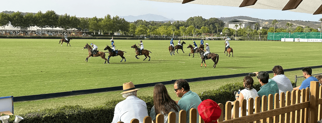 Partit de polo a Sotogrande, set persones al públic, deu cavalls al camp
