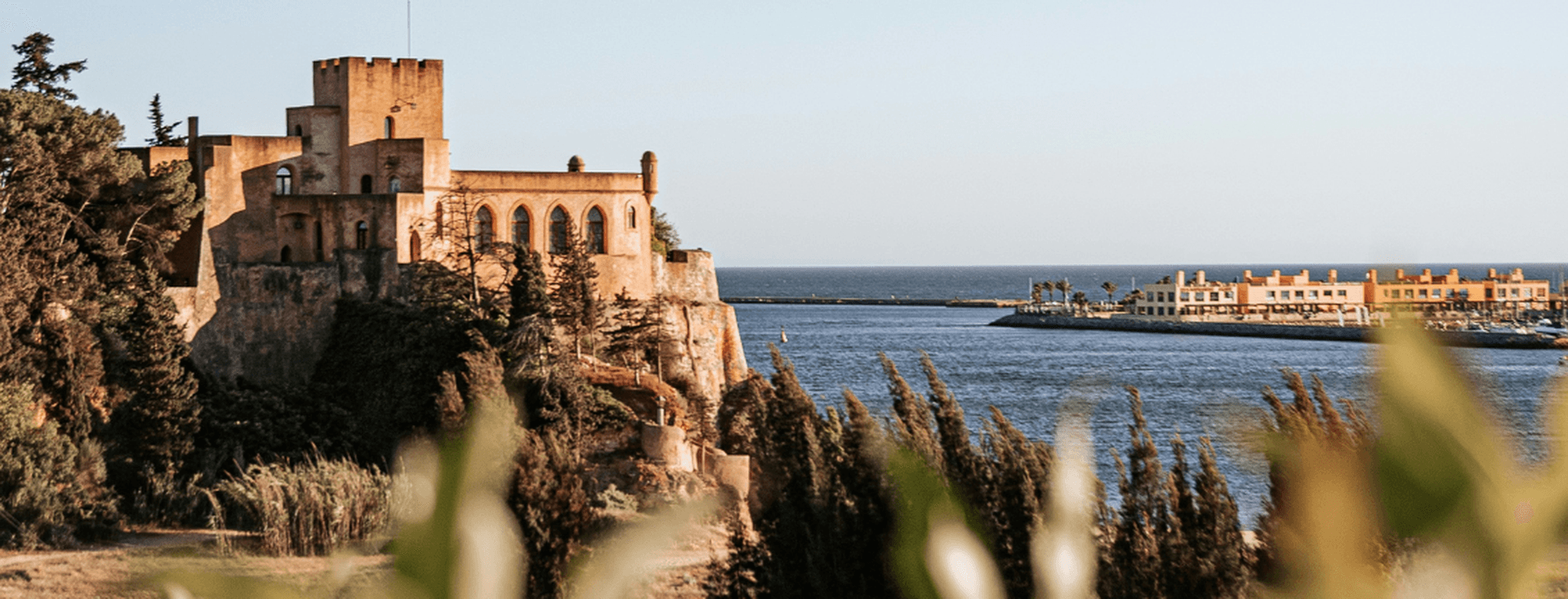A historic castle on a cliff overlooks a calm sea, with a distant harbor and buildings under a clear blue sky.