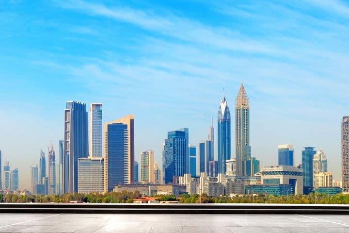 Panoramic shot of some of Dubai's most famous buildings including Burj Khalifa and the Emirates Towers