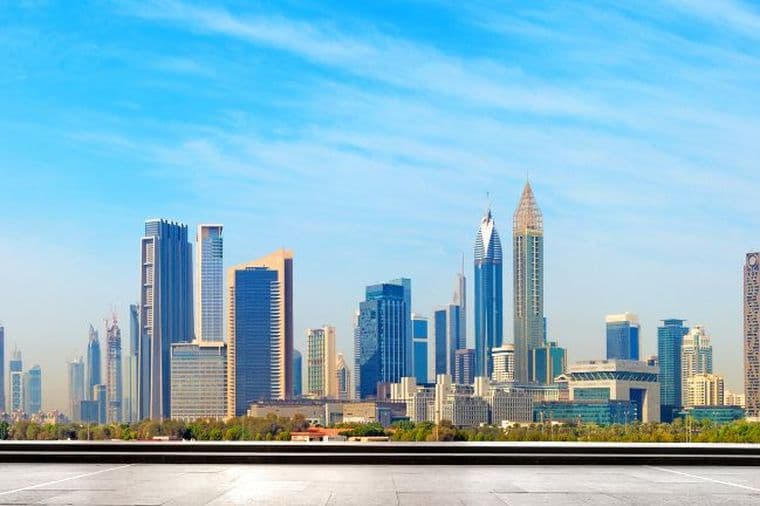 Panoramic shot of some of Dubai's most famous buildings including Burj Khalifa and the Emirates Towers