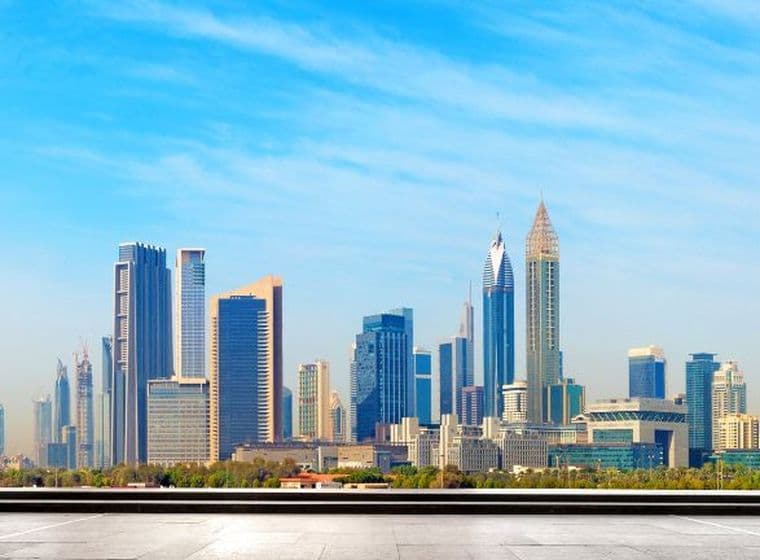 Panoramic shot of some of Dubai's most famous buildings including Burj Khalifa and the Emirates Towers