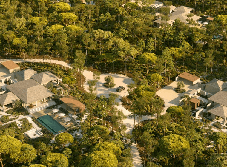 Luftaufnahme von luxuriösen Villen mit Pools, eingebettet in einen dichten, grünen Wald, verbunden durch gewundene Pfade und umgeben von üppigen Bäumen.