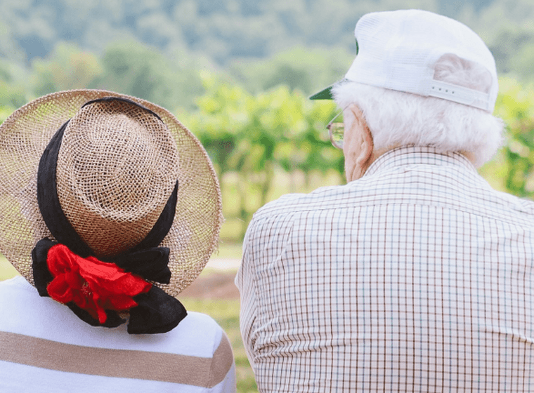Elderly couple sitting on a bench, wearing hats, facing a scenic view with greenery and trees in the background