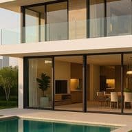 Modern two-story house with glass walls, a pool, and a view of a city skyline with tall skyscrapers in the background.