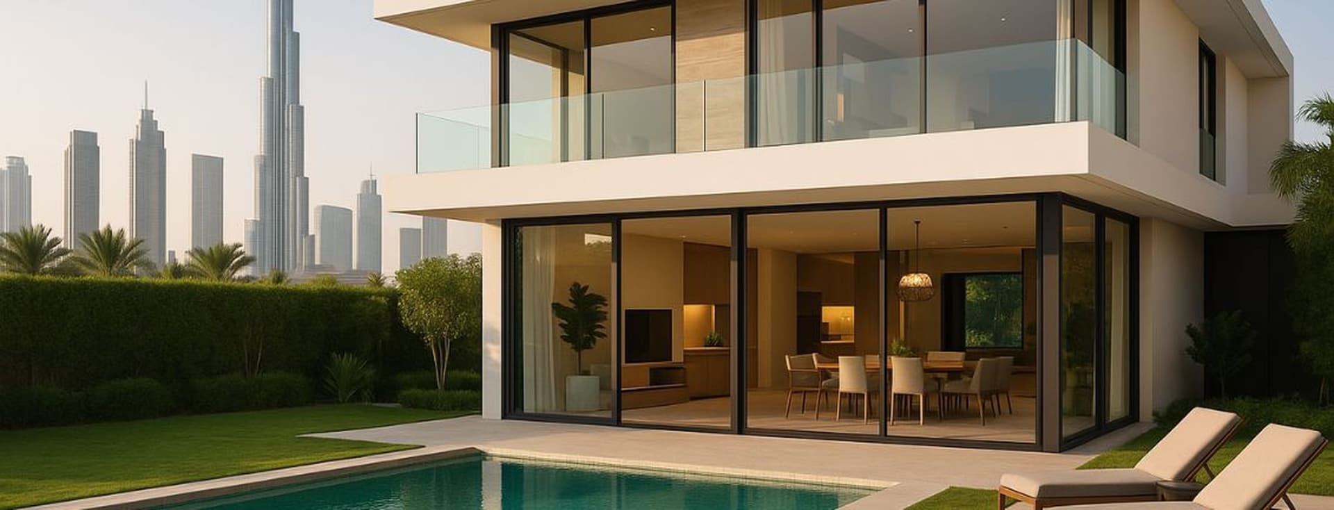 Modern two-story house with glass walls, a pool, and a view of a city skyline with tall skyscrapers in the background.