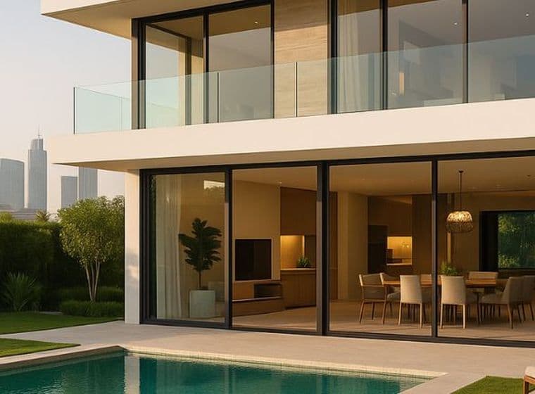 Modern two-story house with glass walls, a pool, and a view of a city skyline with tall skyscrapers in the background.