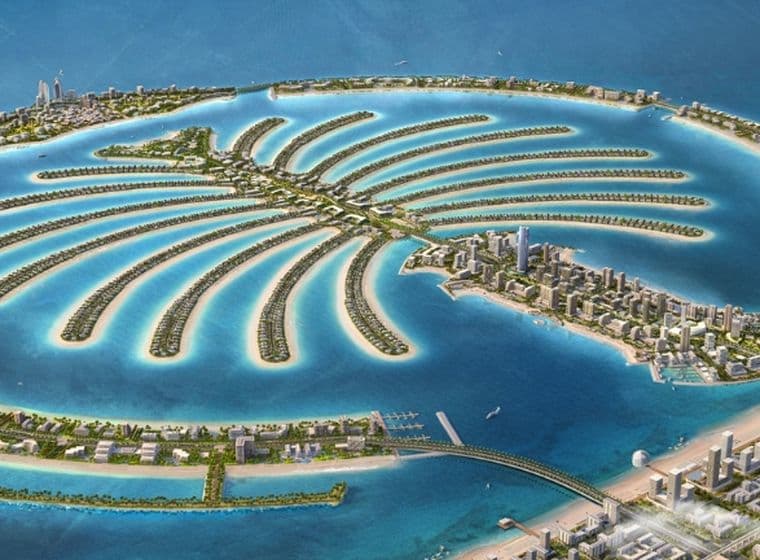 Aerial view of Palm Jebel Ali, one of the up-and-coming areas for property investment in Dubai.