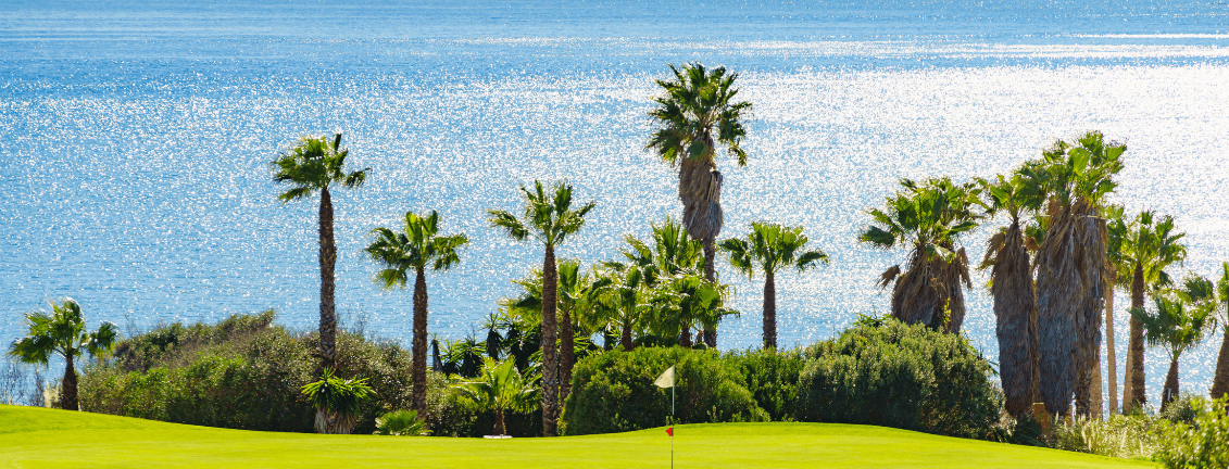 Golf Resort Costa del Sol. Camp de golf amb vista al mar i més de 20 palmeres. El mar brilla.