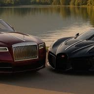Two luxury sports cars parked by a serene lake, featuring a red convertible and a sleek black coupe, surrounded by lush greenery.