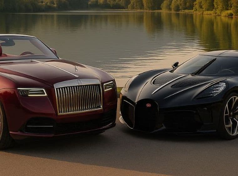 Two luxury sports cars parked by a serene lake, featuring a red convertible and a sleek black coupe, surrounded by lush greenery.