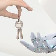 Human hand handing over house keys to an AI-powered robotic hand, symbolizing innovation and the future of real estate services