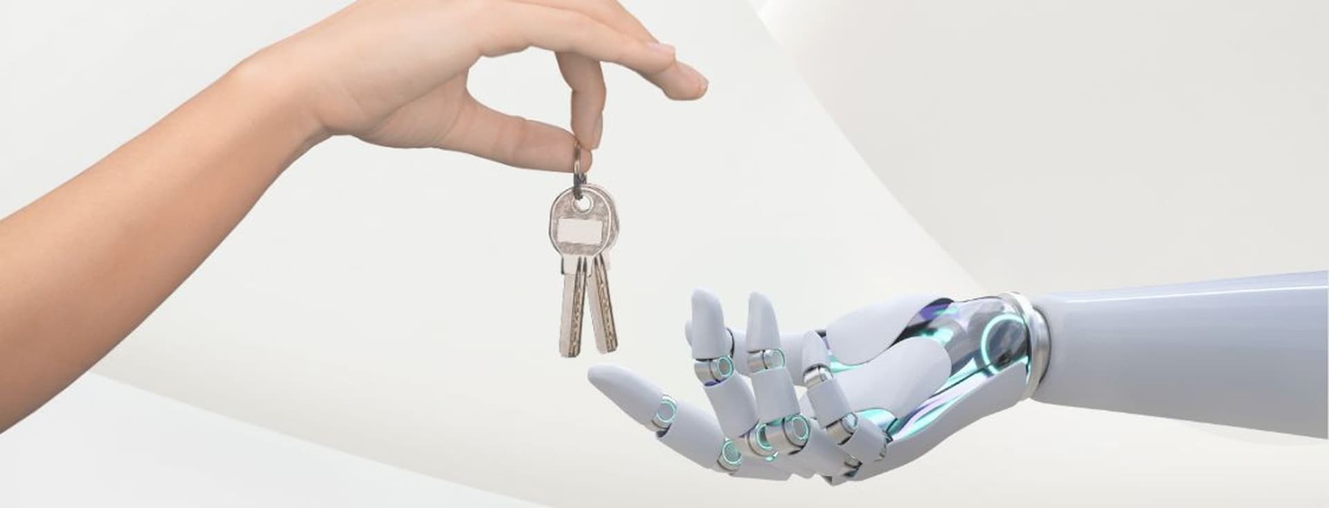 Human hand handing over house keys to an AI-powered robotic hand, symbolizing innovation and the future of real estate services