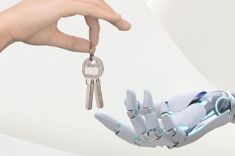 Human hand handing over house keys to an AI-powered robotic hand, symbolizing innovation and the future of real estate services