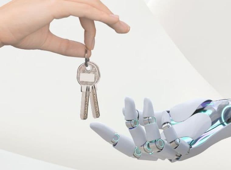 Human hand handing over house keys to an AI-powered robotic hand, symbolizing innovation and the future of real estate services