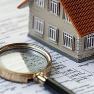 Ein Hausmodell mit einem orangefarbenen Terrakottadach und beigen Wänden, platziert auf Vertragsdokumenten oder Grundrissen, mit einer goldenen Lupe im Vordergrund, die auf eine sorgfältige Überprüfung der Immobiliendetails oder einen Immobilieninspektionsprozess hinweist.