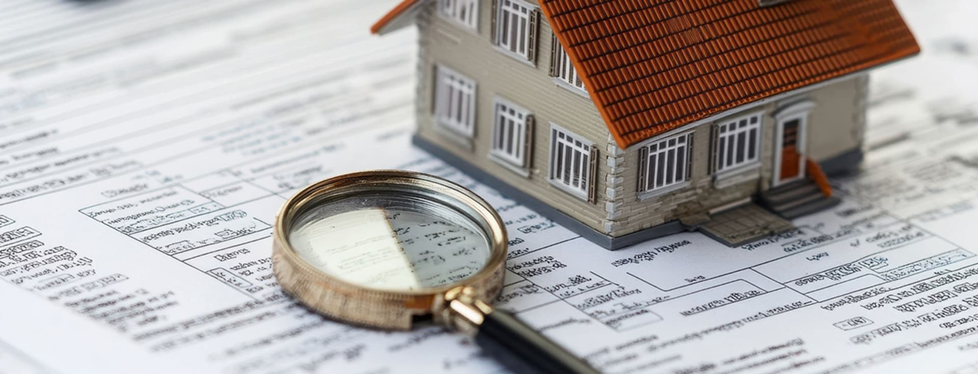 Ein Hausmodell mit einem orangefarbenen Terrakottadach und beigen Wänden, platziert auf Vertragsdokumenten oder Grundrissen, mit einer goldenen Lupe im Vordergrund, die auf eine sorgfältige Überprüfung der Immobiliendetails oder einen Immobilieninspektionsprozess hinweist.
