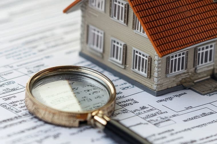 Ein Hausmodell mit einem orangefarbenen Terrakottadach und beigen Wänden, platziert auf Vertragsdokumenten oder Grundrissen, mit einer goldenen Lupe im Vordergrund, die auf eine sorgfältige Überprüfung der Immobiliendetails oder einen Immobilieninspektionsprozess hinweist.