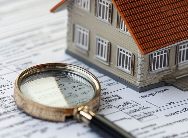 Ein Hausmodell mit einem orangefarbenen Terrakottadach und beigen Wänden, platziert auf Vertragsdokumenten oder Grundrissen, mit einer goldenen Lupe im Vordergrund, die auf eine sorgfältige Überprüfung der Immobiliendetails oder einen Immobilieninspektionsprozess hinweist.