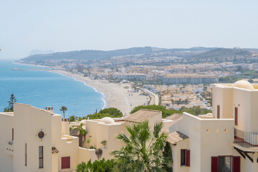 Casares. Costa del Sol. View from a drone. Urbanization facing the sea. White houses.