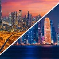 Split view of Dubai and Doha skylines at night; the left shows a vibrant, sprawling Dubai with dynamic highways, the right features a waterfront skyline in Doha