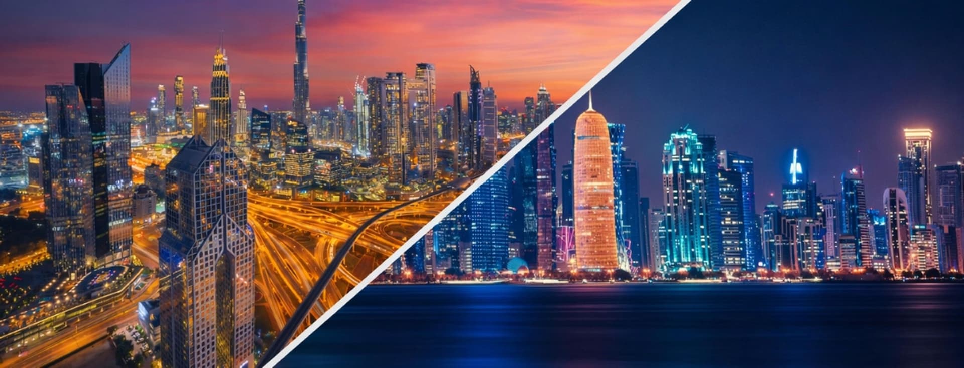 Split view of Dubai and Doha skylines at night; the left shows a vibrant, sprawling Dubai with dynamic highways, the right features a waterfront skyline in Doha