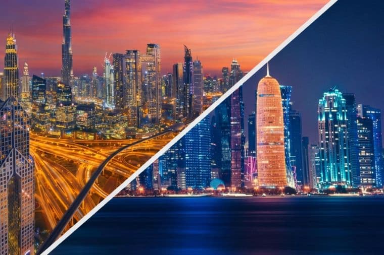 Split view of Dubai and Doha skylines at night; the left shows a vibrant, sprawling Dubai with dynamic highways, the right features a waterfront skyline in Doha