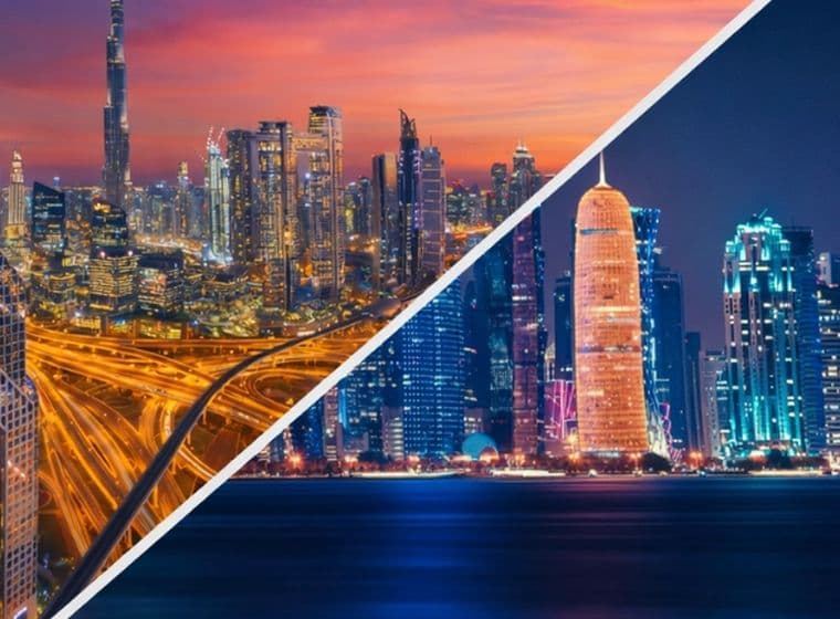 Split view of Dubai and Doha skylines at night; the left shows a vibrant, sprawling Dubai with dynamic highways, the right features a waterfront skyline in Doha