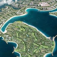 Dubai Islands masterplan showing 5 interconnected islands with villas and apartments amongst greenery with large beaches and marinas