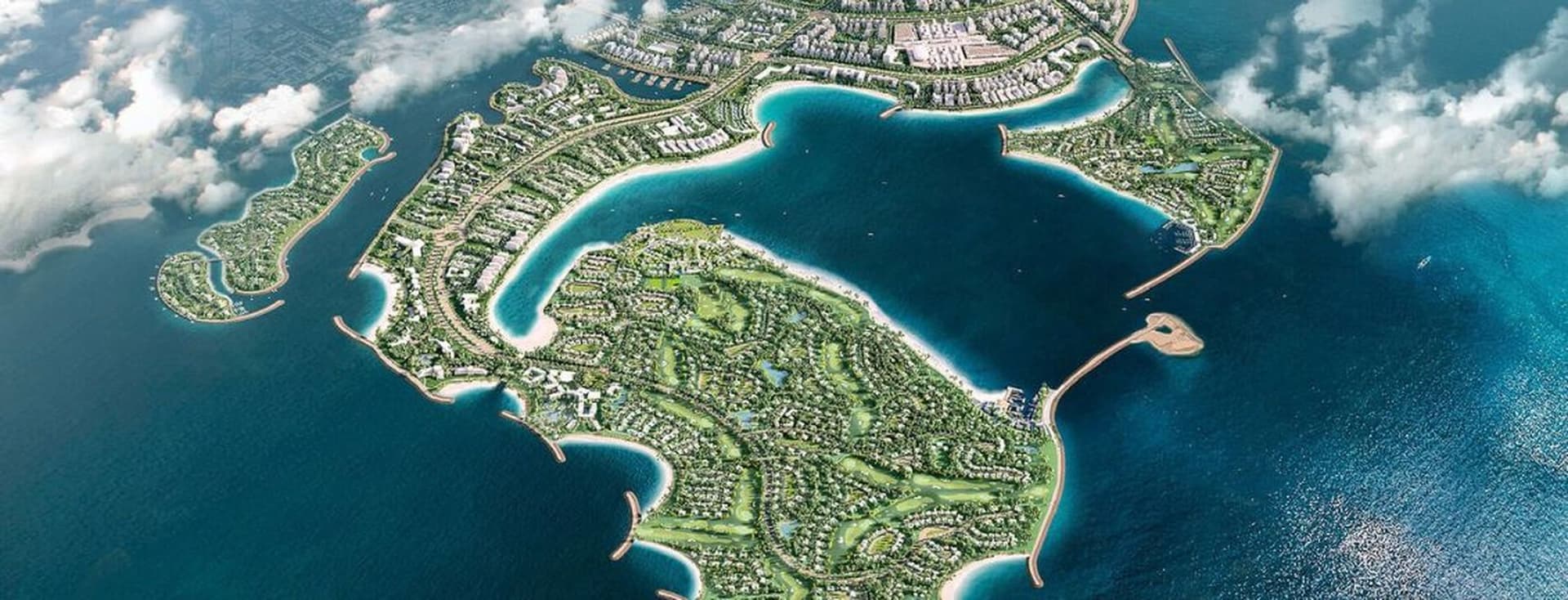 Dubai Islands masterplan showing 5 interconnected islands with villas and apartments amongst greenery with large beaches and marinas
