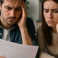 couple look unhappy as they look at paperwork for early termination of tenancy contract