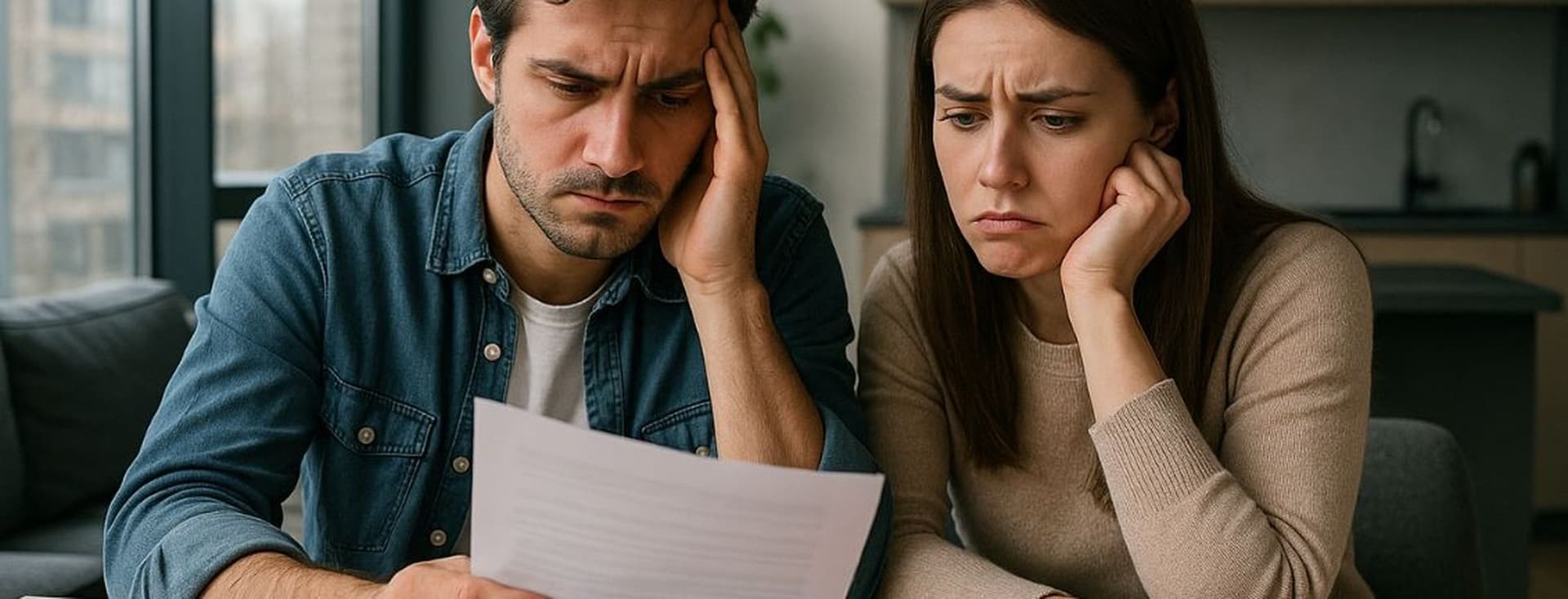 couple look unhappy as they look at paperwork for early termination of tenancy contract