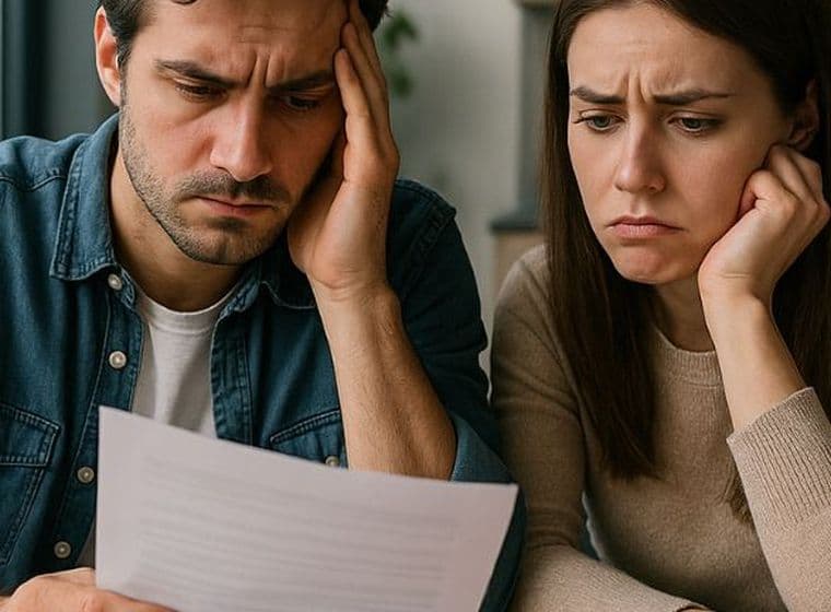 couple look unhappy as they look at paperwork for early termination of tenancy contract