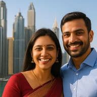 Indian couple standing by the waterfront in Downtown Dubai